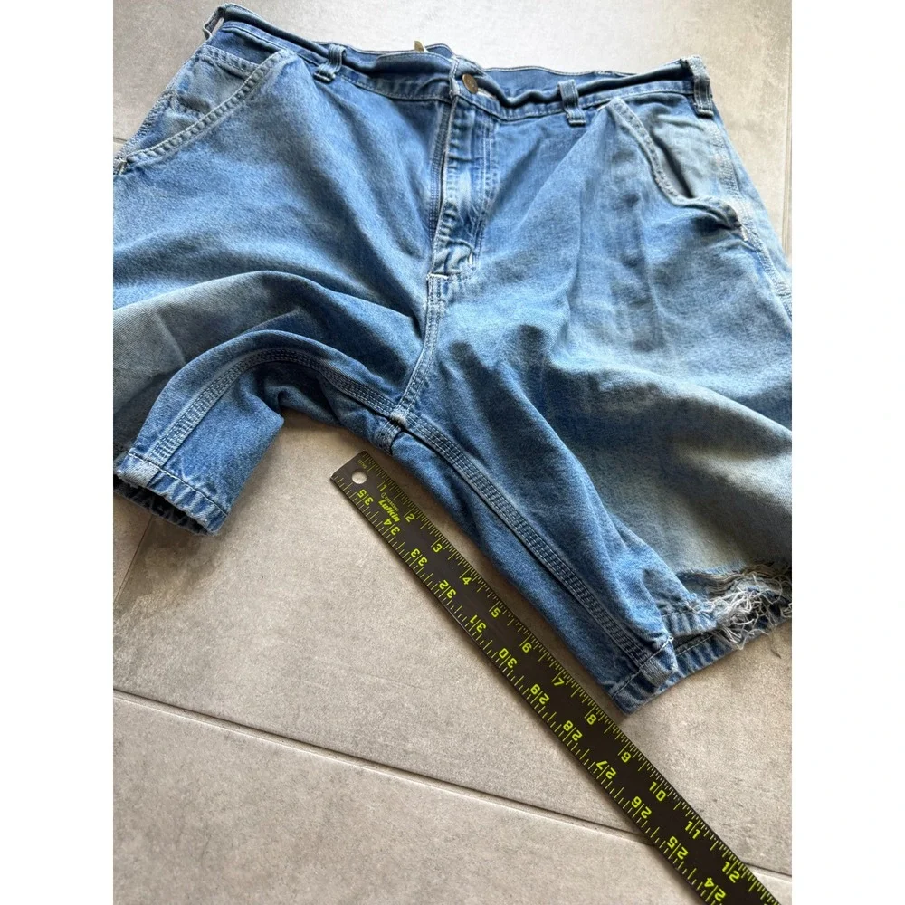 Vintage Carhartt R28 DST Mens 34 Blue Denim Carpenter Shorts Distressed Workwear - Picture 7 of 11